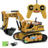 Yellow remote control toy excavator truck with black scoop, LED lights, and controller