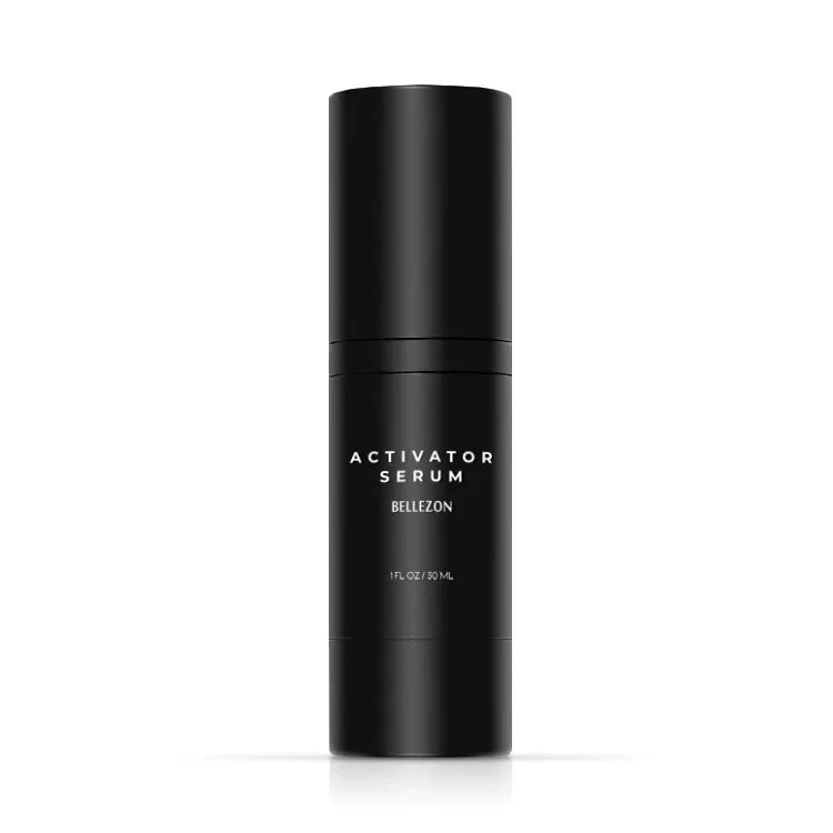 Black cylindrical serum bottle with minimalist white text on a plain background