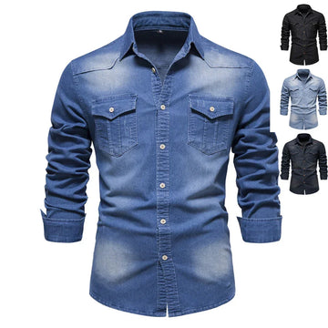 Men’s slim-fit denim shirt with long sleeves, button front, and chest pockets in multiple colors.