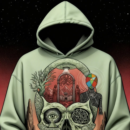 Oversized light green hoodie with bold surreal graphic print, featuring a skull and abstract art, relaxed fit.