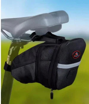 Black bike saddle bag with reflective strip, durable fabric and zip closure, mounted under seat