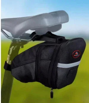Black bike saddle bag with reflective strip, durable fabric and zip closure, mounted under seat