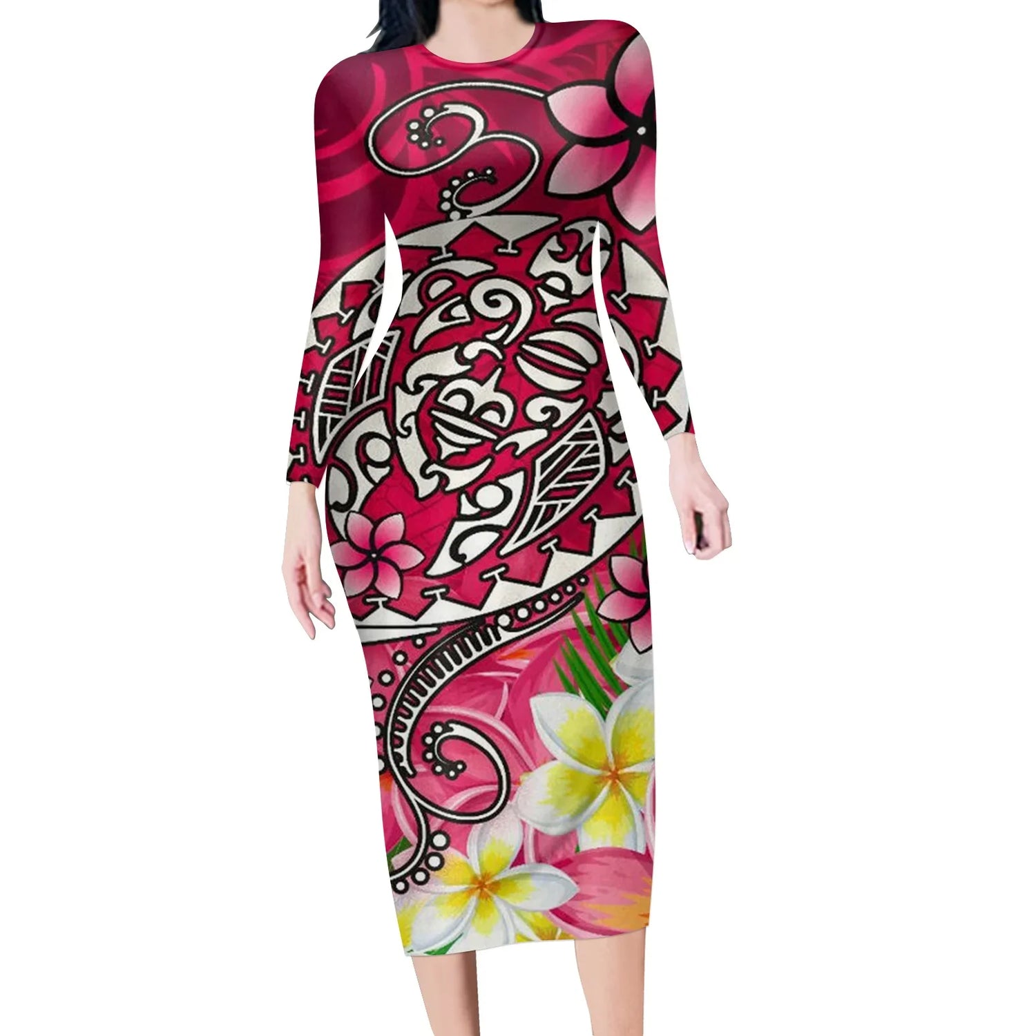 Woman wearing fitted long sleeve midi dress with vibrant pink floral and tribal print