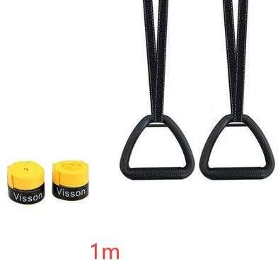 Adjustable black suspension straps with plastic handles and two yellow wraps, 1 meter length