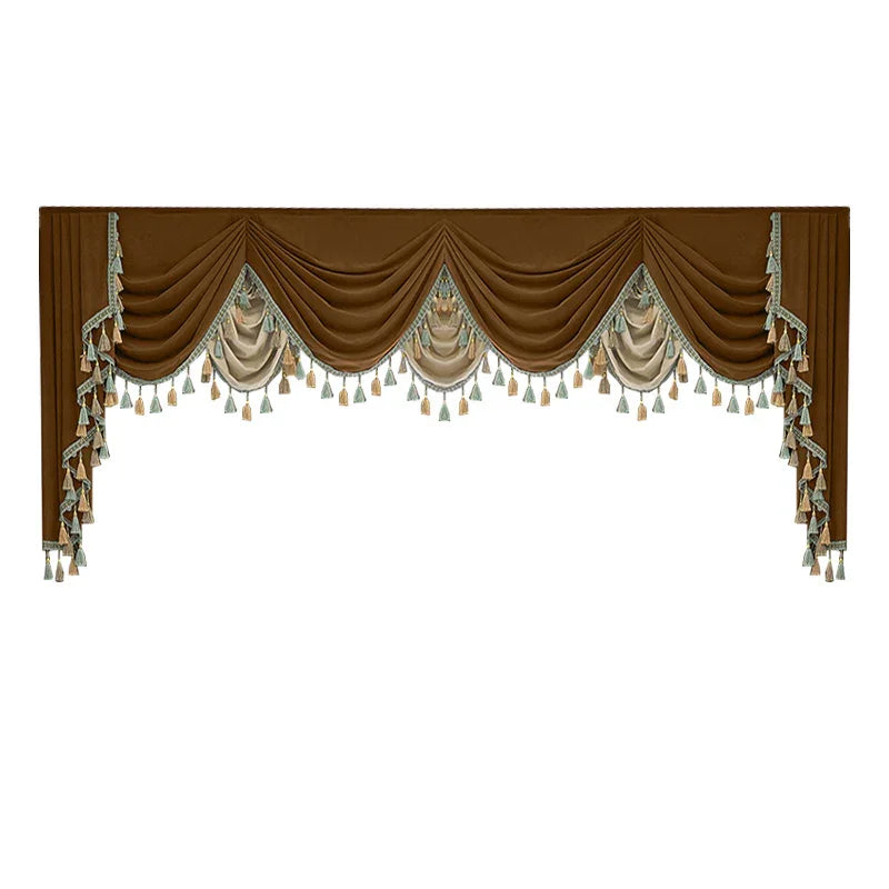 Elegant brown and beige velvet swag valance curtain with tassel trim, draped style.