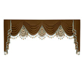 Elegant brown and beige velvet swag valance curtain with tassel trim, draped style.