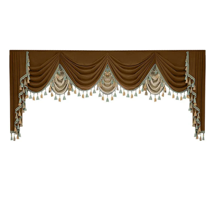 Elegant brown and beige velvet swag valance curtain with tassel trim, draped style.