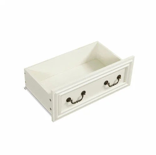 White wooden drawer with vintage metal handles, classic rectangular design, isolated background