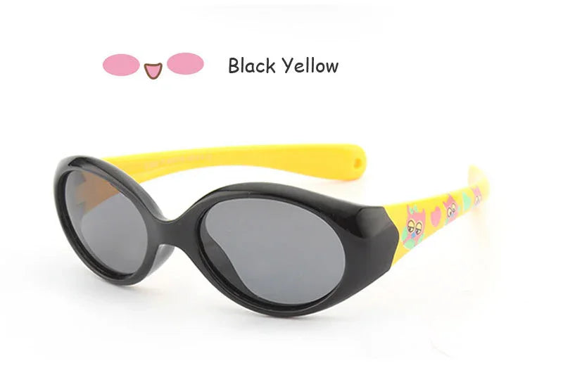 Black oval sunglasses with yellow arms, cartoon print, glossy plastic, medium fit streetwear