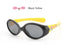 Black oval sunglasses with yellow arms, cartoon print, glossy plastic, medium fit streetwear