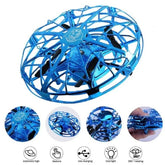 Blue circular drone toy with open lattice design, USB charging, and LED lights.