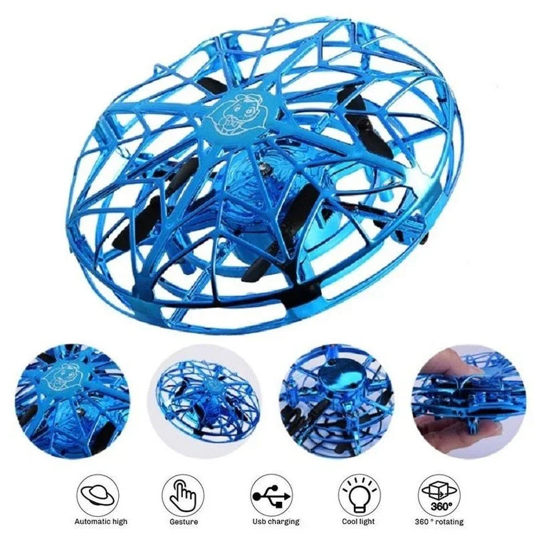 Blue circular drone toy with open lattice design, USB charging, and LED lights.
