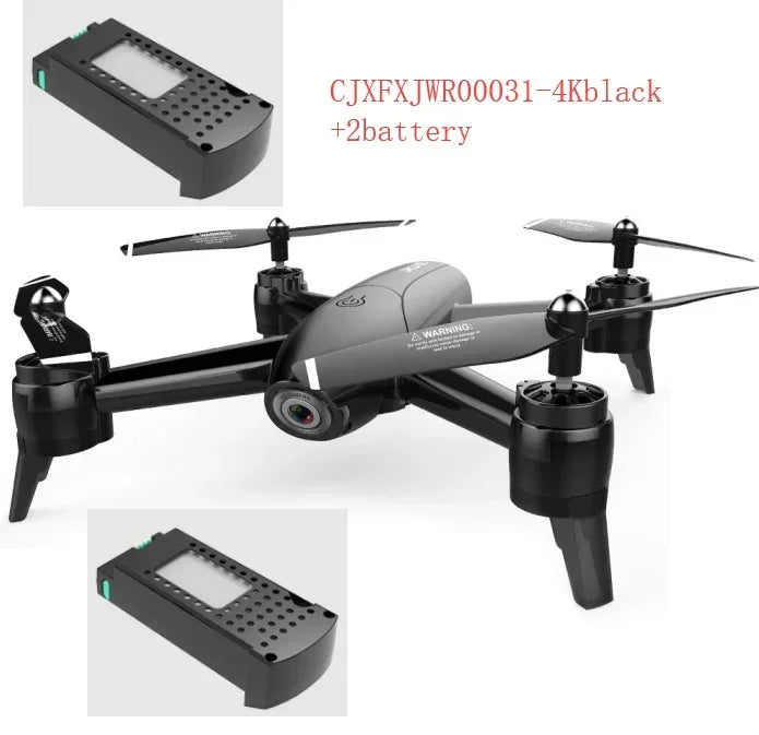 Sleek black quadcopter drone with 4K camera, shown with two extra rechargeable batteries.