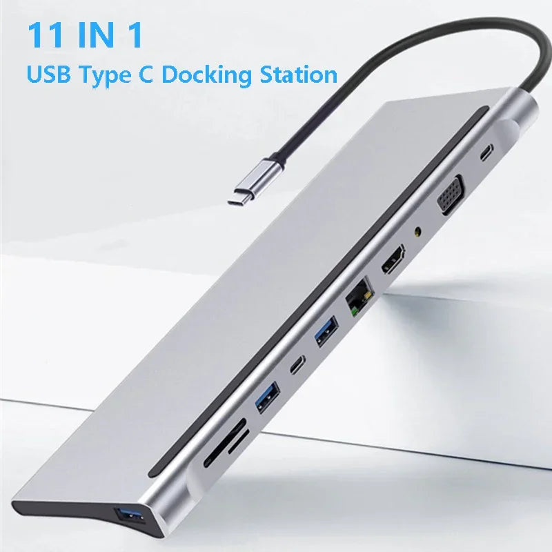 Silver USB Type-C docking station with multiple ports, modern tech accessory, slim design
