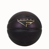 Black basketball with hexagonal texture, iridescent finish, and gold flight logo detailing