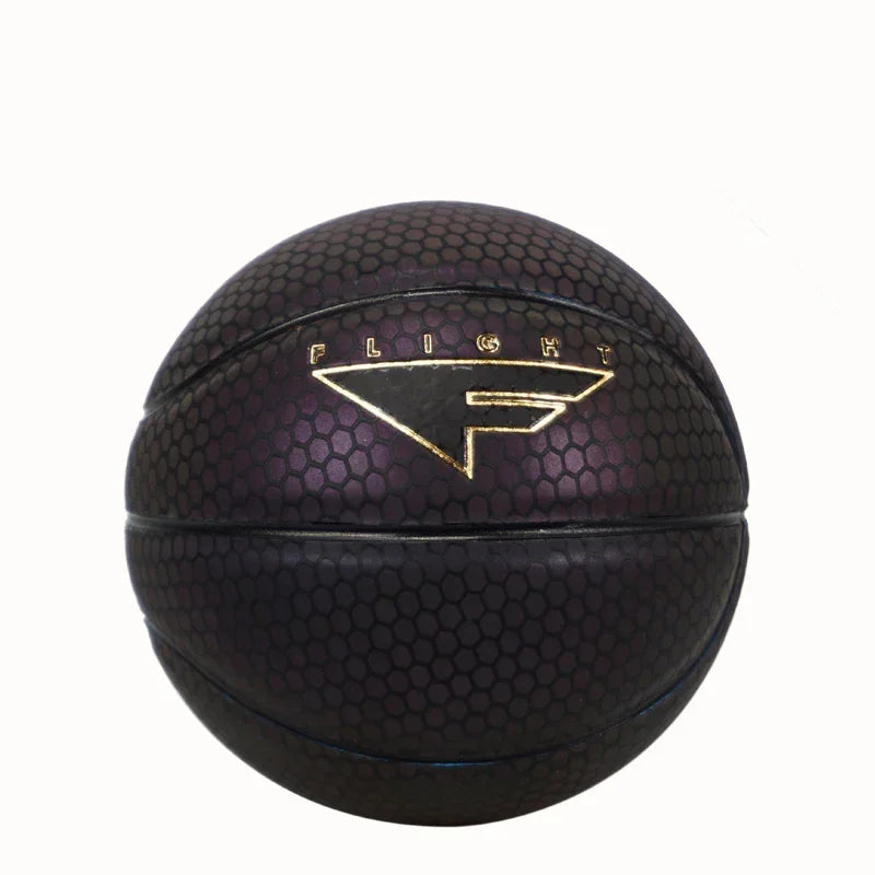 Black basketball with hexagonal texture, iridescent finish, and gold flight logo detailing