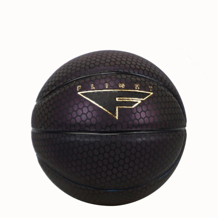 Black basketball with hexagonal texture, iridescent finish, and gold flight logo detailing