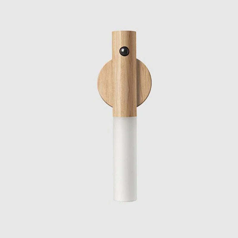 Minimalist wall sconce with natural wood and frosted white cylindrical shade