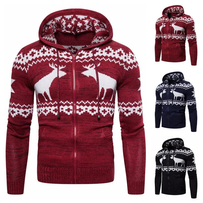 Men's zip-up knit hoodie with reindeer pattern, available in red, navy, and black.