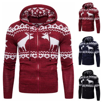 Men's zip-up knit hoodie with reindeer pattern, available in red, navy, and black.