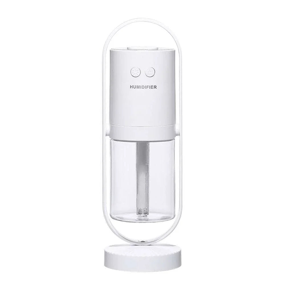 Minimalist white portable humidifier with cylindrical shape and transparent water tank
