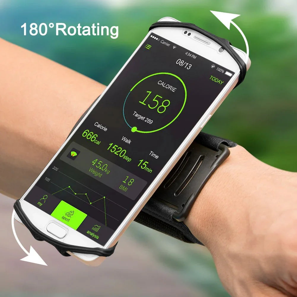 Black adjustable wristband with 180-degree rotating phone holder, sporty fit, durable material