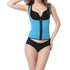 Woman wearing blue neoprene zip-up waist trainer vest with black underwear, slim fit fashion