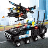 Black and blue building block SWAT helicopter and armored vehicle with lights and city background