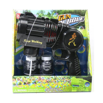 Black plastic bubble gun toy with ergonomic grip, visible liquid containers, and outdoor packaging.