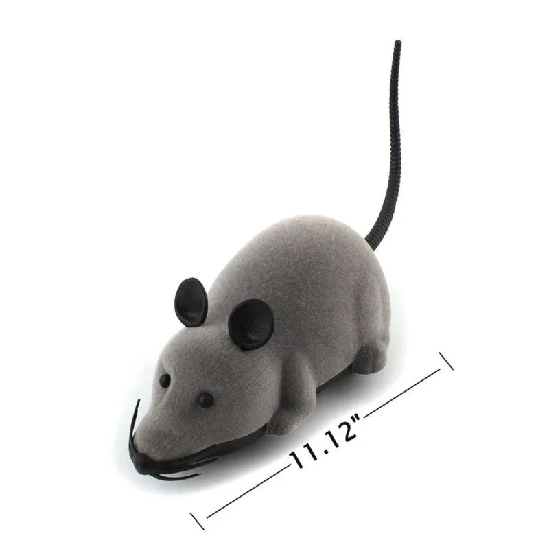 Realistic grey plush toy mouse with black tail and ears, measuring 11.12 inches long