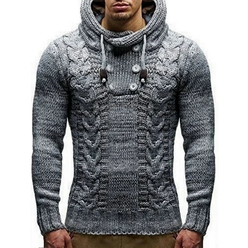 Men’s grey cable knit sweater with hood, button details, long sleeves, and slim fit.