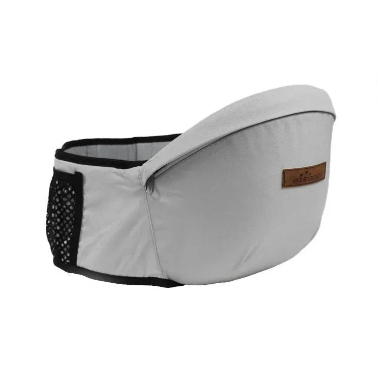 Light gray fabric waist pack with mesh pocket, adjustable fit, streetwear accessory
