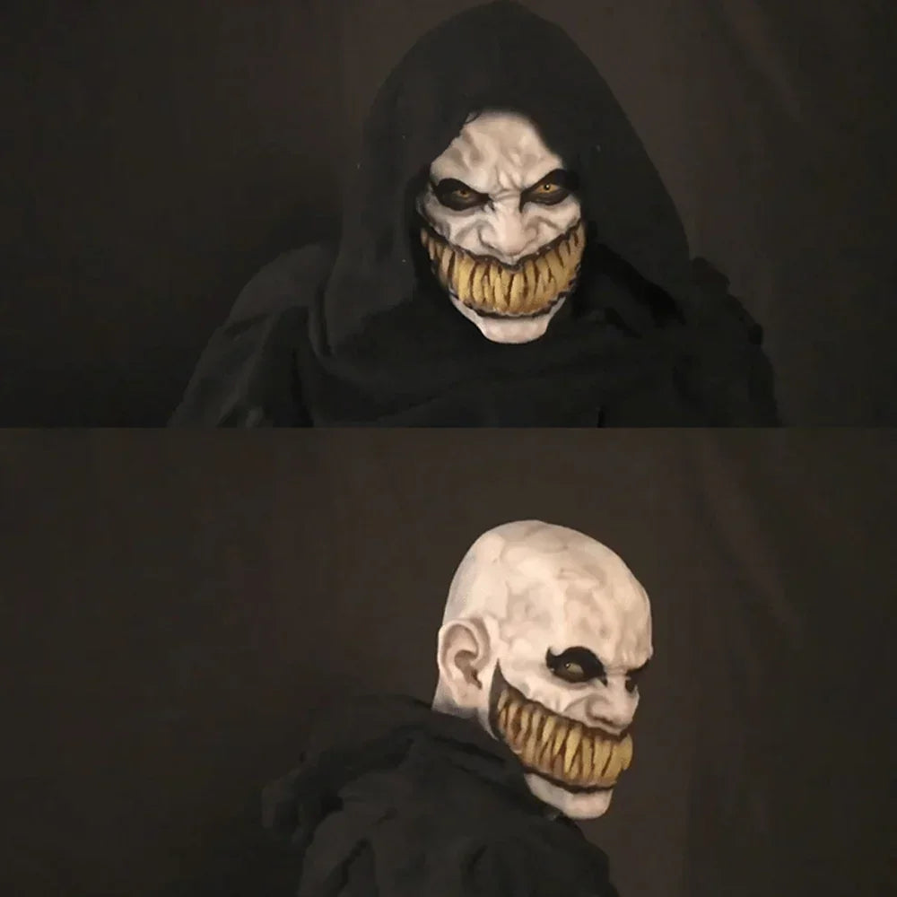 Creepy Halloween mask with sharp yellow teeth, black hooded cloak, costume shot front and side