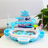 Colorful blue and white plastic fishing game toy set with fishing rods and small fish figures