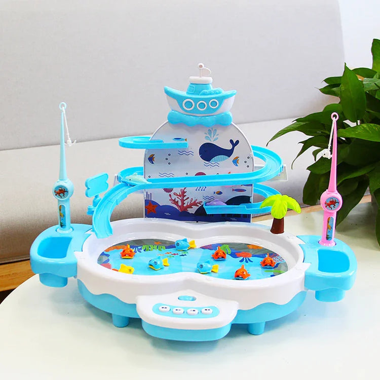 Colorful blue and white plastic fishing game toy set with fishing rods and small fish figures