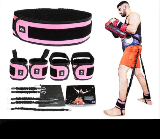 Boxing resistance training set with pink and black padded bands, worn by man in athletic wear.