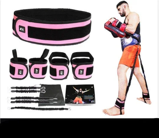 Boxing resistance training set with pink and black padded bands, worn by man in athletic wear.