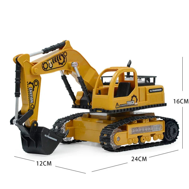 Yellow toy excavator with black tracks, plastic construction, 24cm length, 16cm height, 12cm width