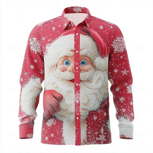 Red button-up shirt with a large Santa Claus print, snowflakes, and relaxed fit, cotton blend