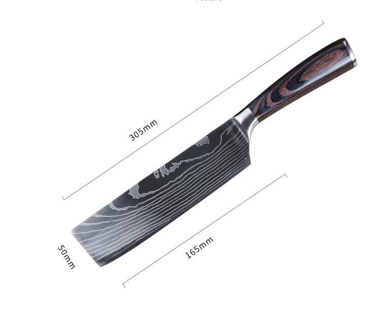 Modern chef knife with black Damascus-style blade and dark wood ergonomic handle