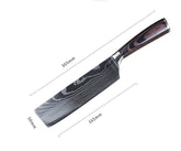 Modern chef knife with black Damascus-style blade and dark wood ergonomic handle