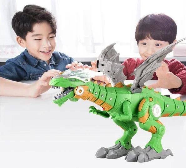 Two kids playing with a large green and gray mechanical dinosaur toy at a table indoors