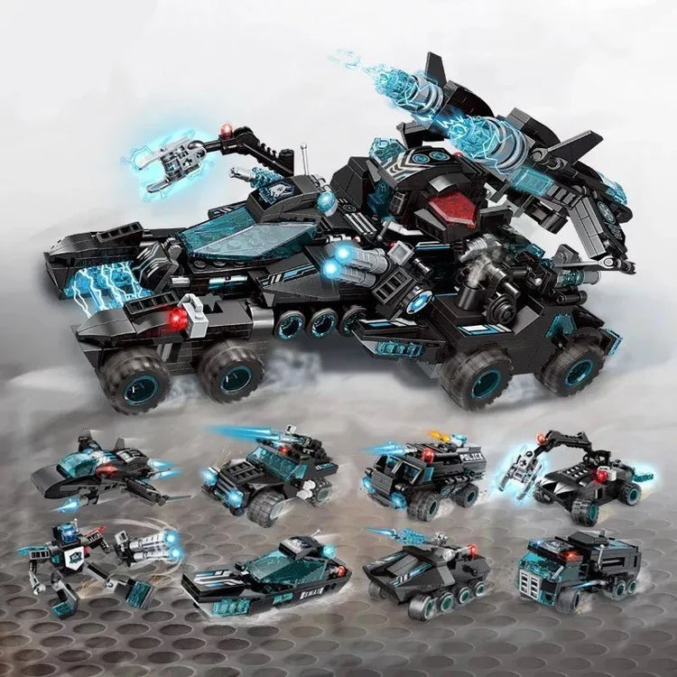 Black and blue futuristic building toy vehicles and robot with glowing light effects