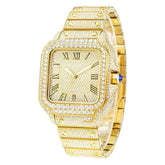 Gold square iced-out luxury watch with Roman numerals and crystal accents