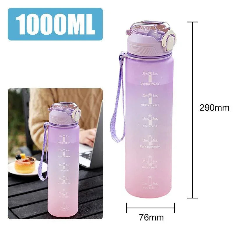 Gradient purple and pink 1000ml water bottle with time markers, flip lid, and carrying strap