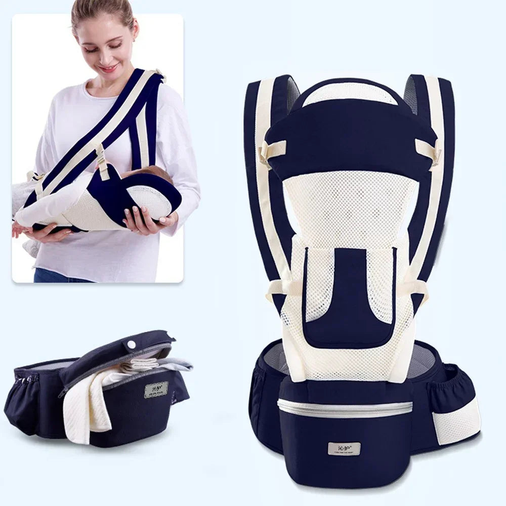 Navy blue and white mesh baby carrier with adjustable straps and ergonomic fit, multi-position