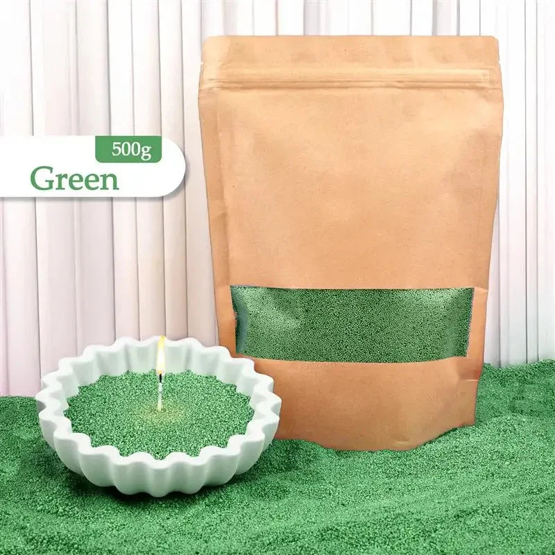 Green incense sand in kraft pouch with ceramic dish, fine texture, ideal for incense burning