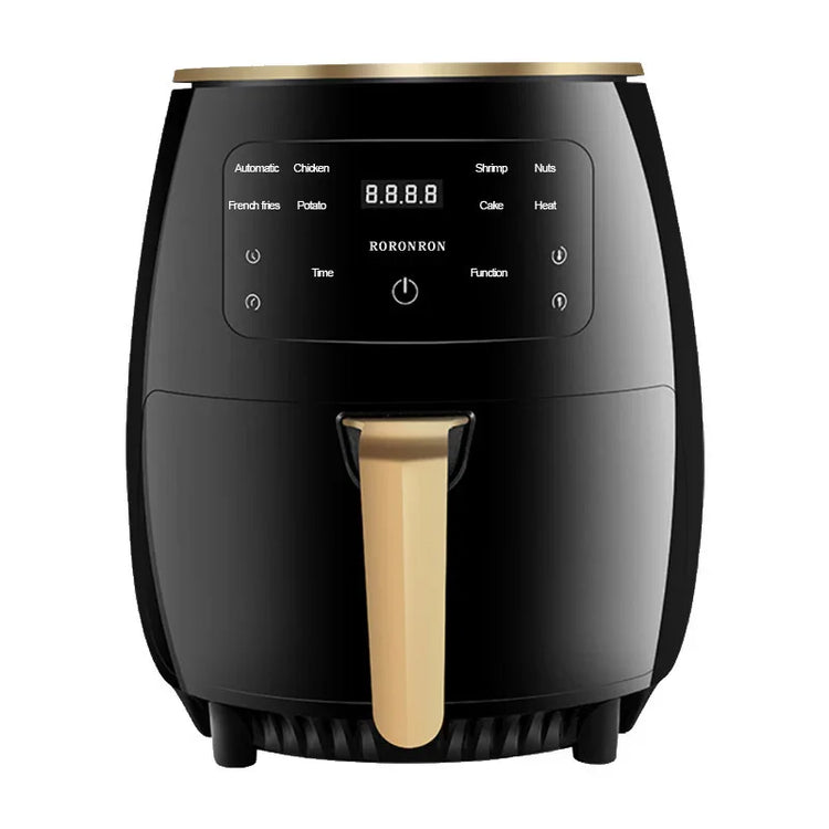 Black and gold digital air fryer with LED display and touch controls