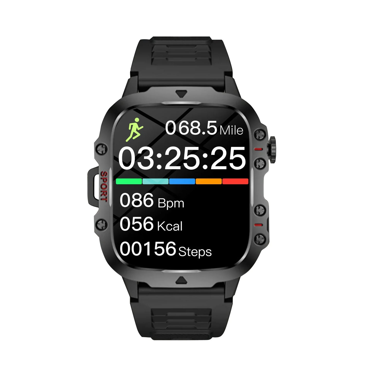 Black rugged smartwatch with silicone band, fitness tracker display, digital stats shown