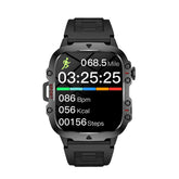 Black rugged smartwatch with silicone band, fitness tracker display, digital stats shown